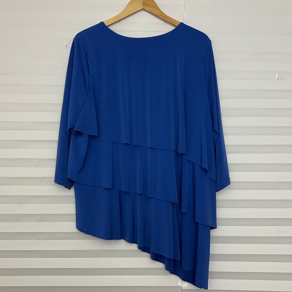 Susan Graver Royal Blue Liquid Knit Tiered Asymmetrical Ruffle Top XL 3/4 Sleeve - Picture 2 of 8